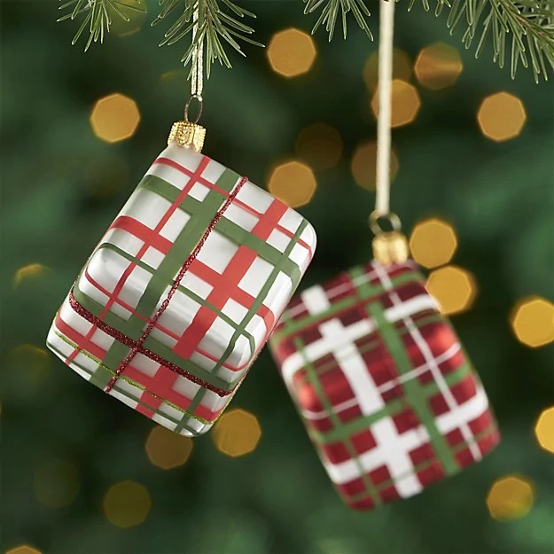 plaid ornaments from crate and barrel